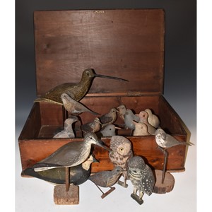 A collection of Folk Art softwood and composition decoy birds