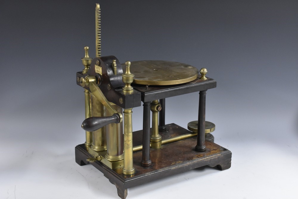 A 19th century mahogany and brass twin-barrel vacuum or air pump