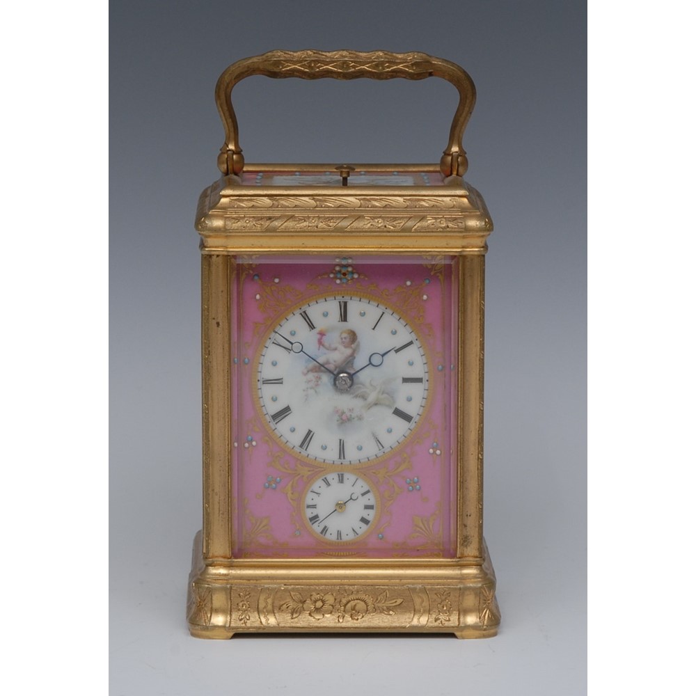 A fine 19th century French gilt brass and porcelain mounted quarter-repeating carriage alarm clock