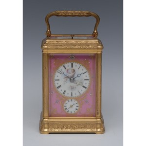 A fine 19th century French gilt brass and porcelain mounted quarter-repeating carriage alarm clock