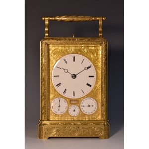 A fine 19th century gilt brass quarter striking repeating calendar carriage clock