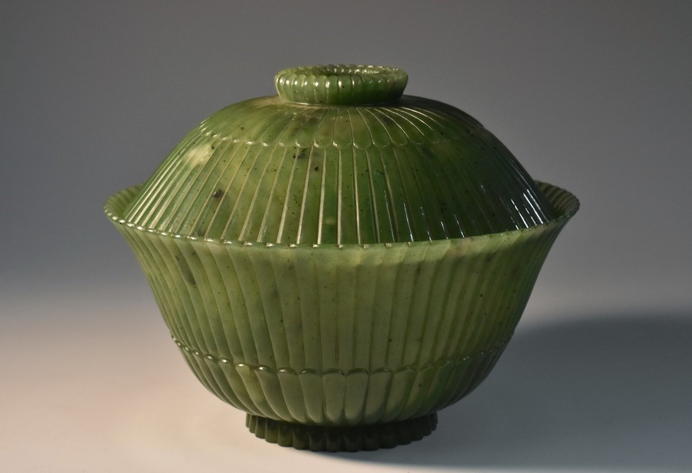 A Chinese spinach green jade 'lotus' bowl and cover