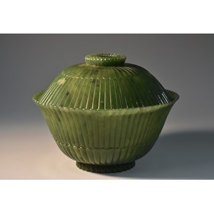 A Chinese spinach green jade 'lotus' bowl and cover