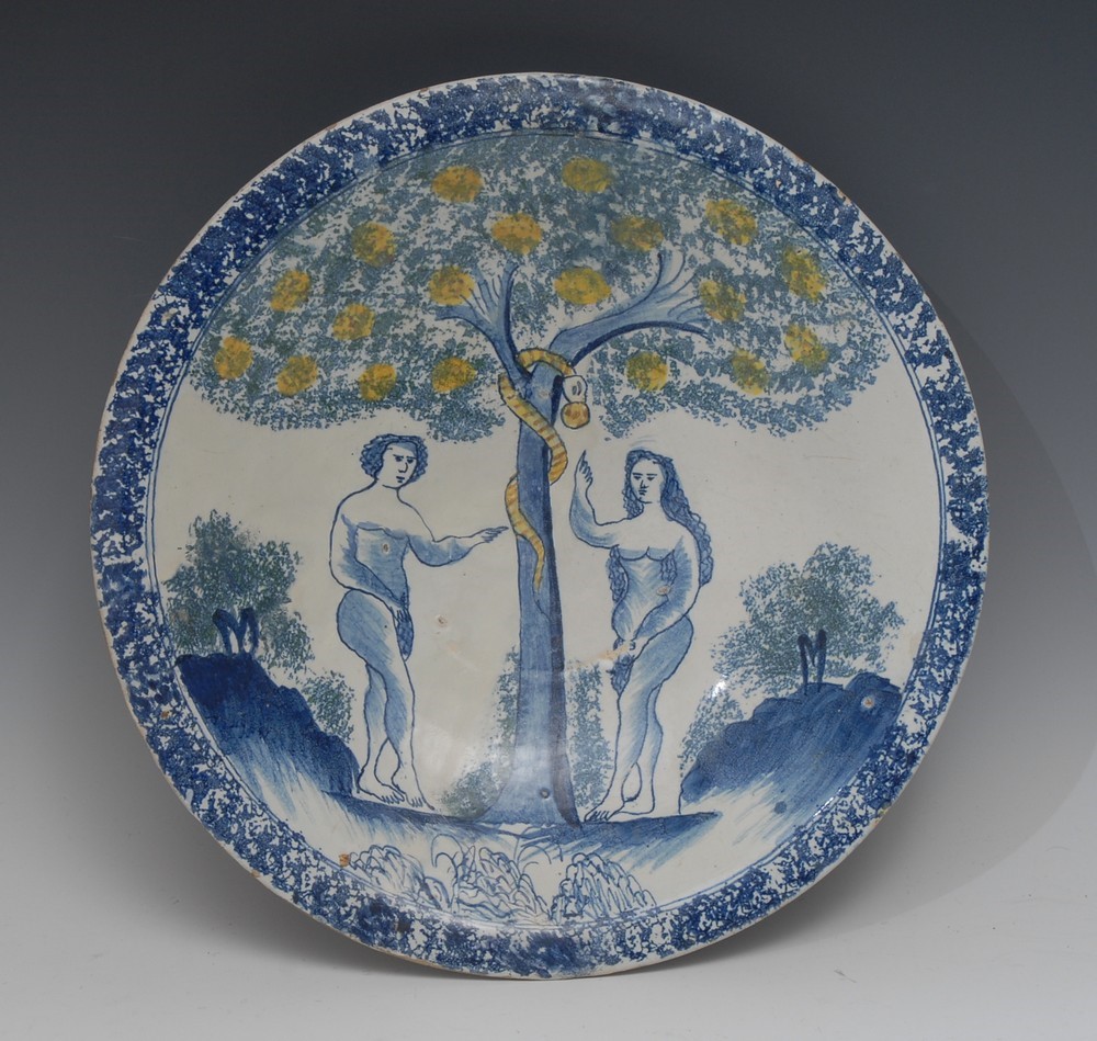 A Bristol Delft Adam and Eve blue dash charger