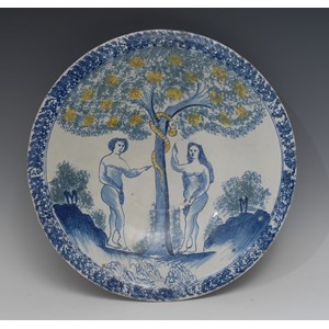 A Bristol Delft Adam and Eve blue dash charger