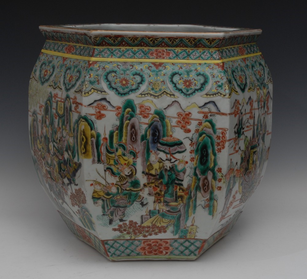 A 19th century Chinese hexagonal Famille Verte jardiniere/fish bowl