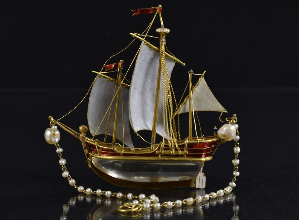 A fine enamel rock crystal and pearl three masted ship pendant