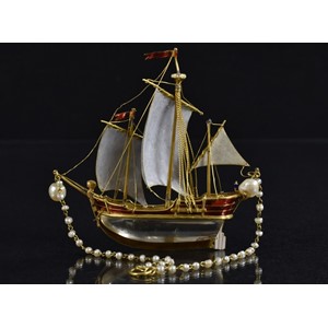 A fine enamel rock crystal and pearl three masted ship pendant