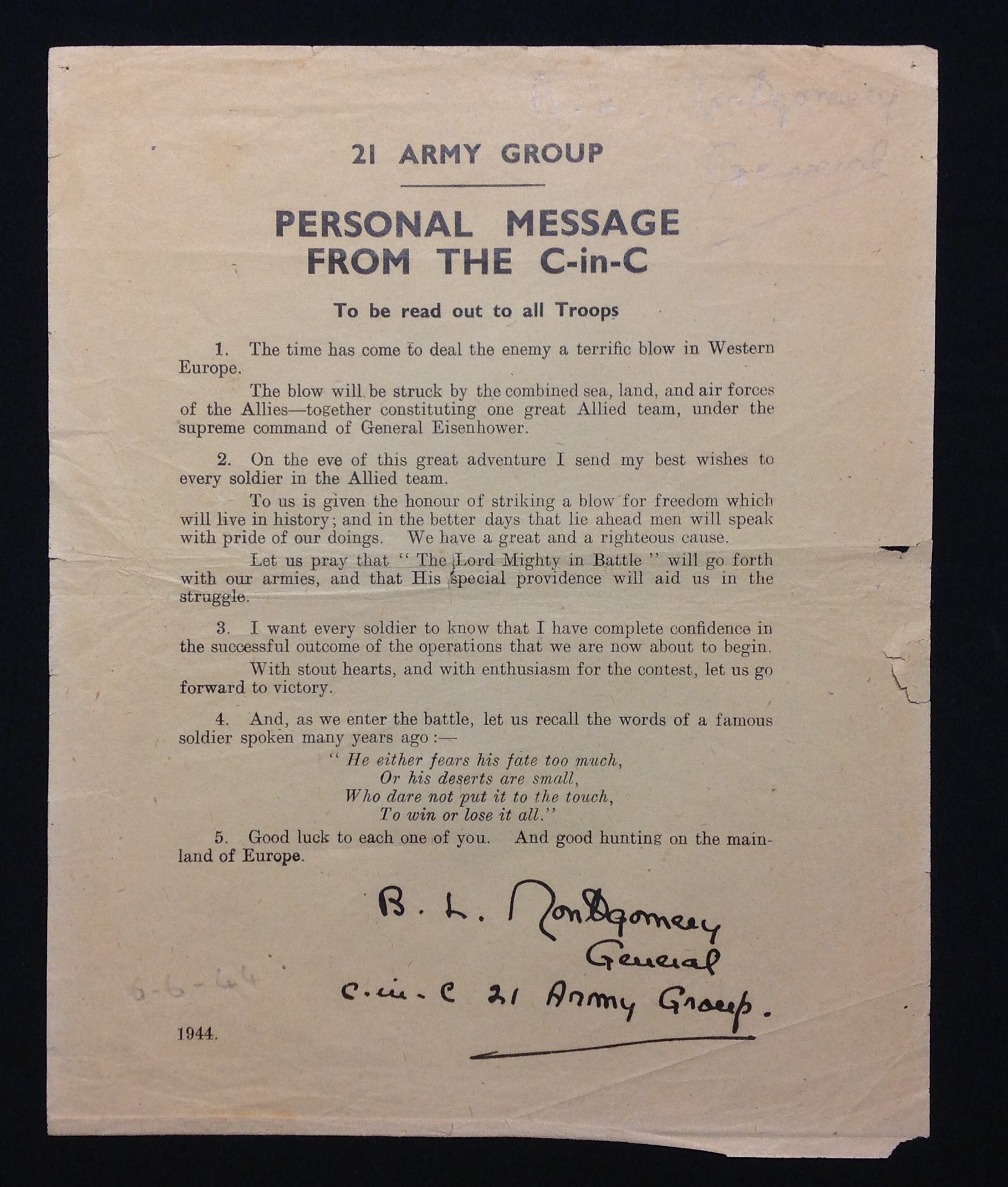 WW2 British D-Day Personal Message from the C in C. An original example of Monty's Message issued to British & Commonwealth Troops on the eve of D Day.