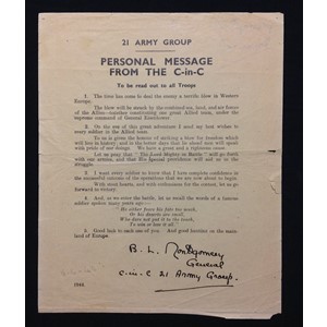 WW2 British D-Day Personal Message from the C in C. An original example of Monty's Message issued to British & Commonwealth Troops on the eve of D Day.