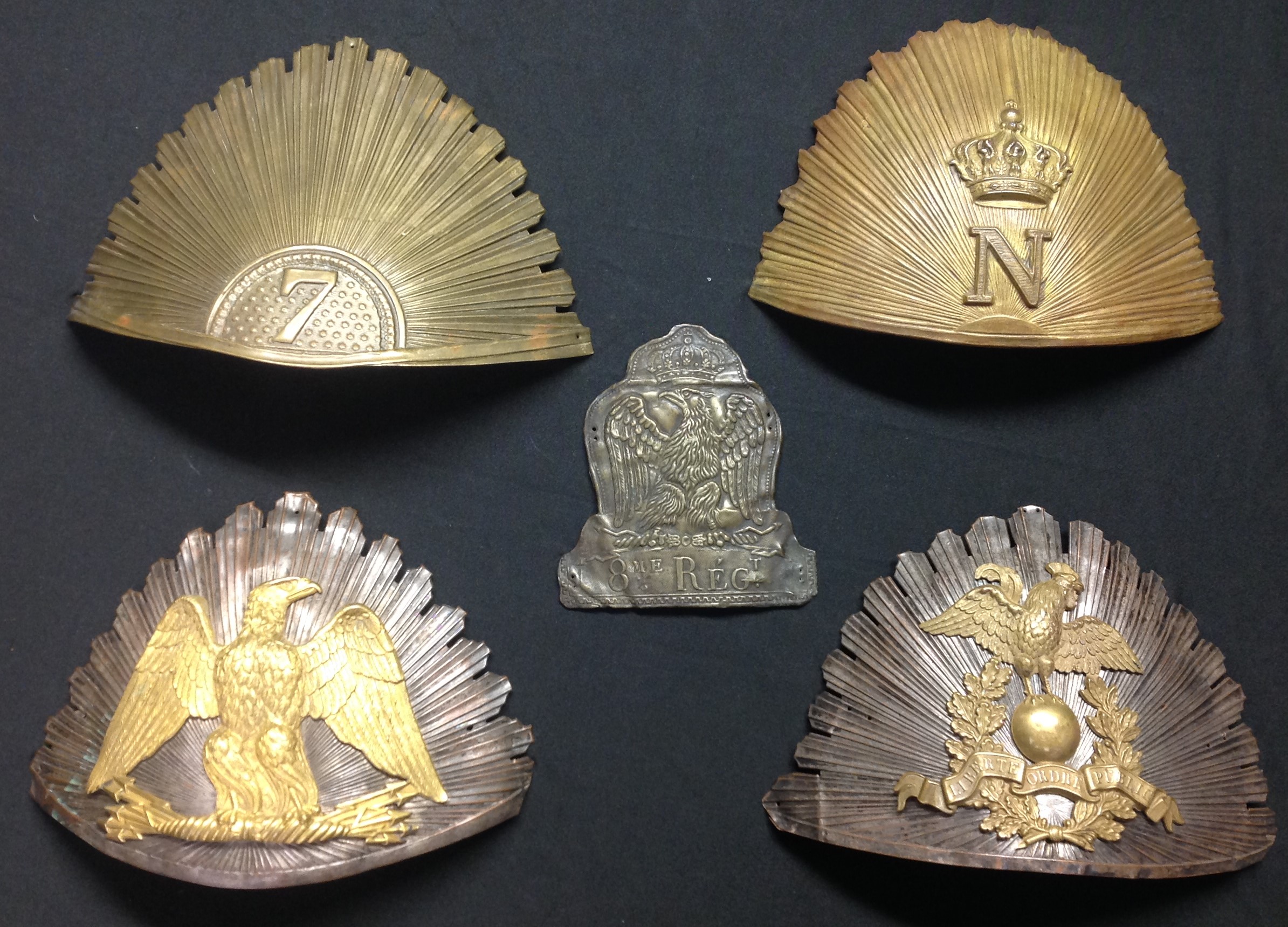 French Helmet plates. A collection of five different plates.