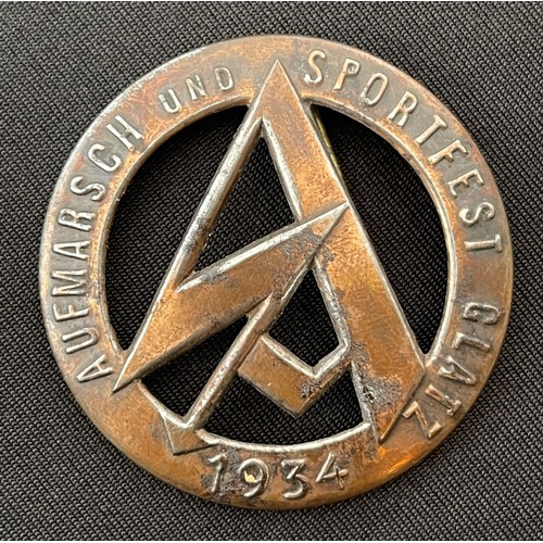 Third Reich rally badge SA Aufmarsch und Sportsfest Glatz 1935.
