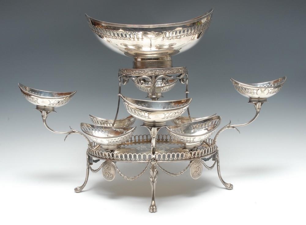 A substantial George III Neo-Classical silver table centre epergne