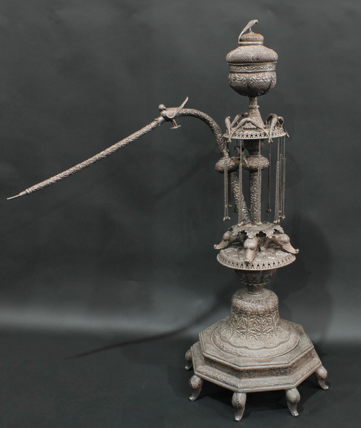 A substantial Indian Kutch silver floor-standing hookah pipe, of palatial proportions