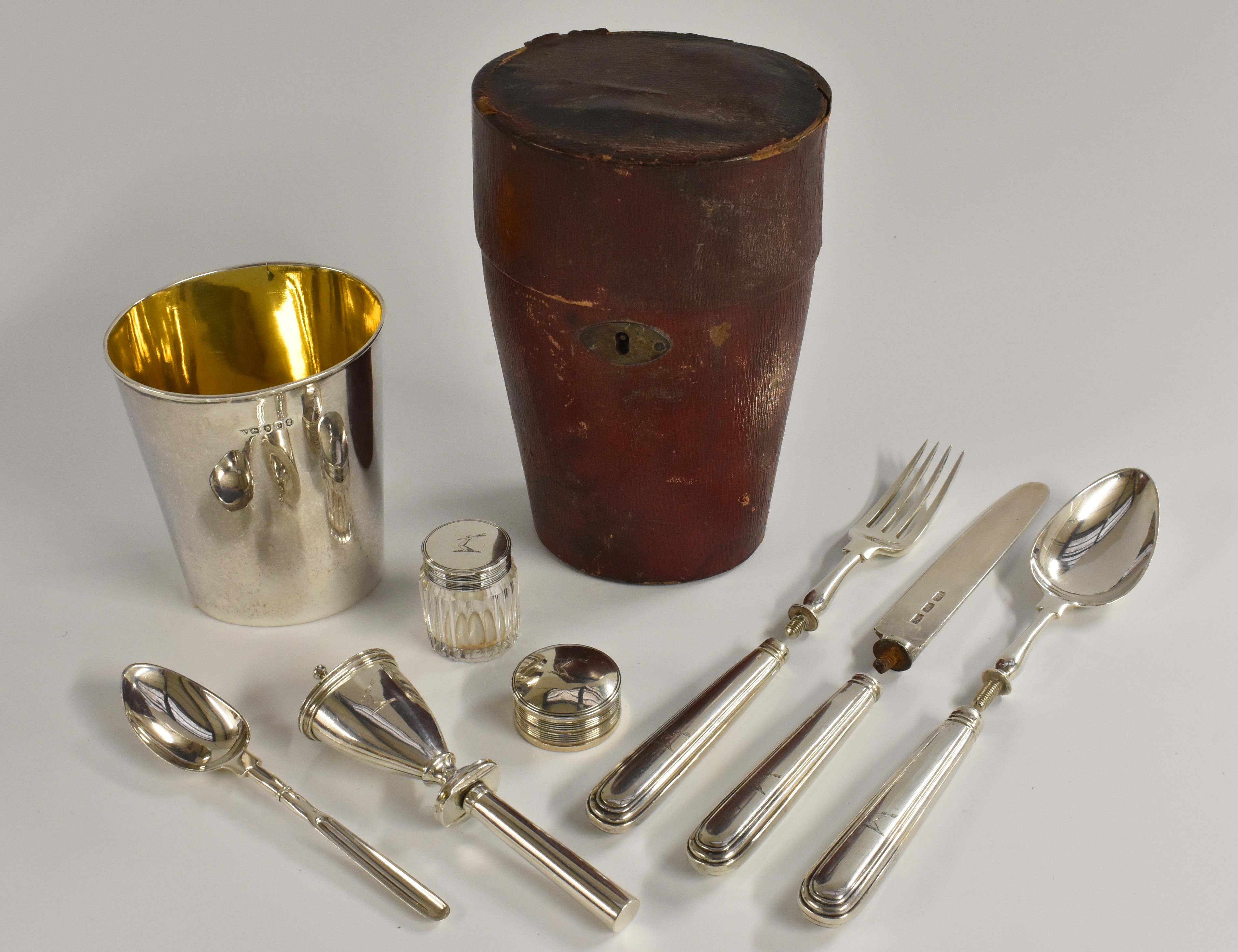 A George III silver gentleman officer's campaign dining set