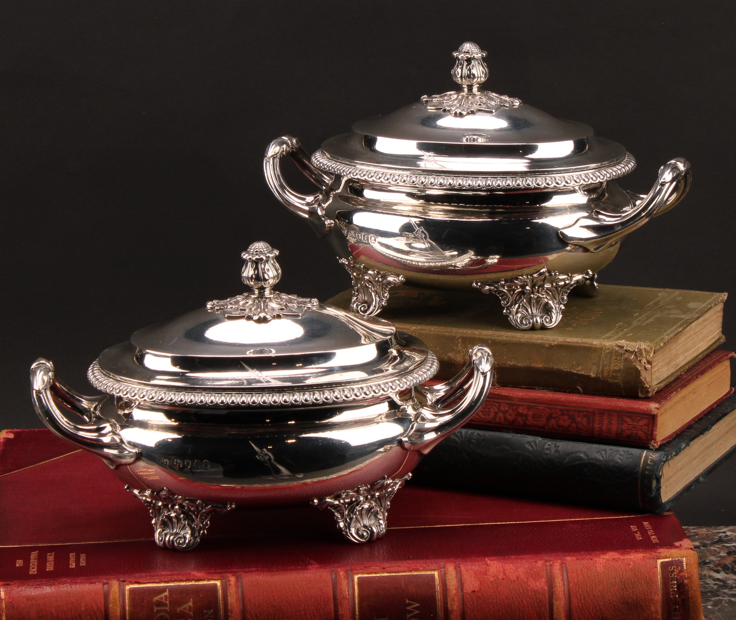 Paul Storr - a pair of George IV silver oval sauce tureens and covers