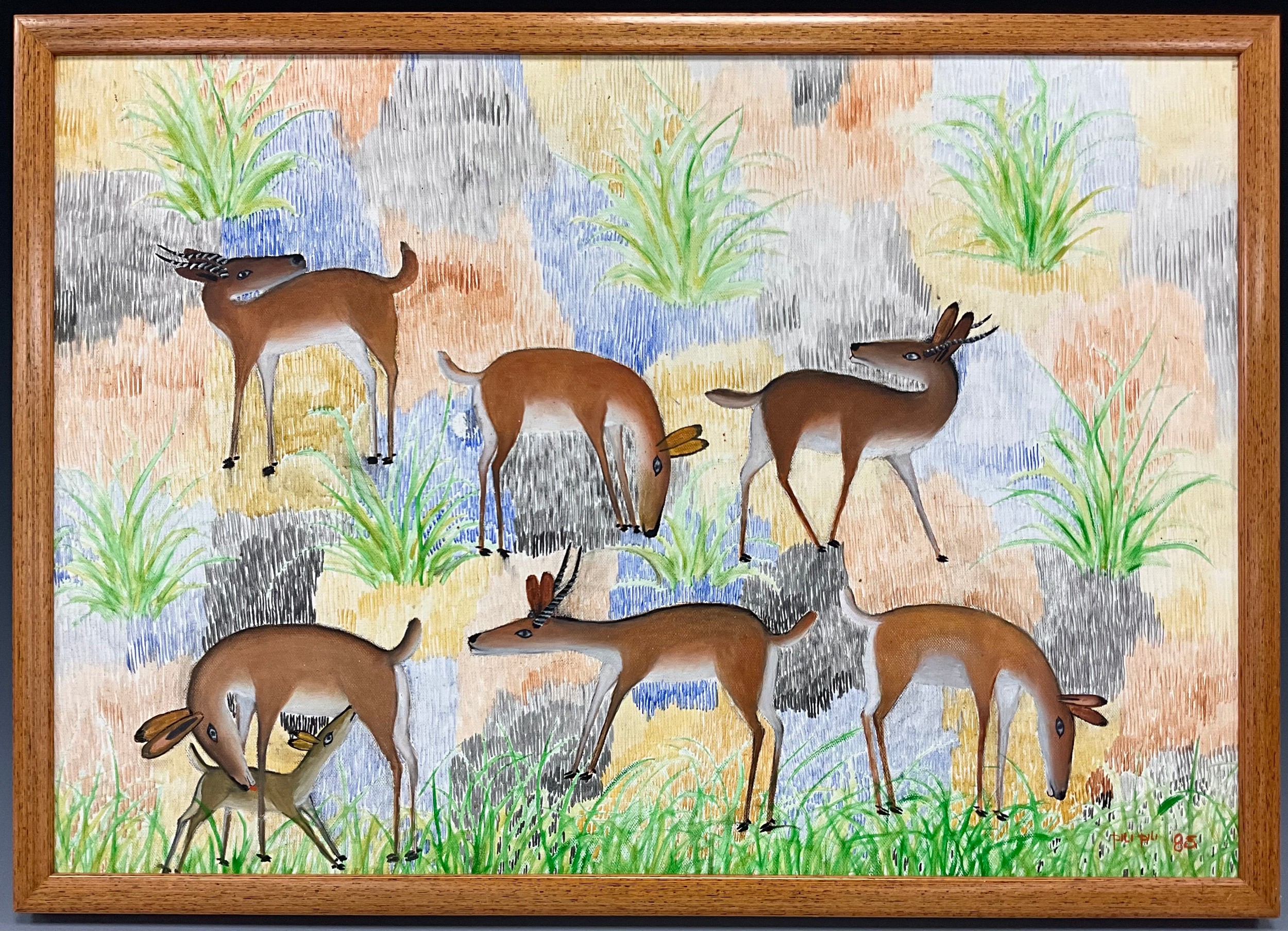 Mulongoy Pili Pili (Democratic Republic of the Congo 1914-2007) Untitled (Seven Antelopes) signed, dated ‘85, oil on canvas, 44cm x 63cm