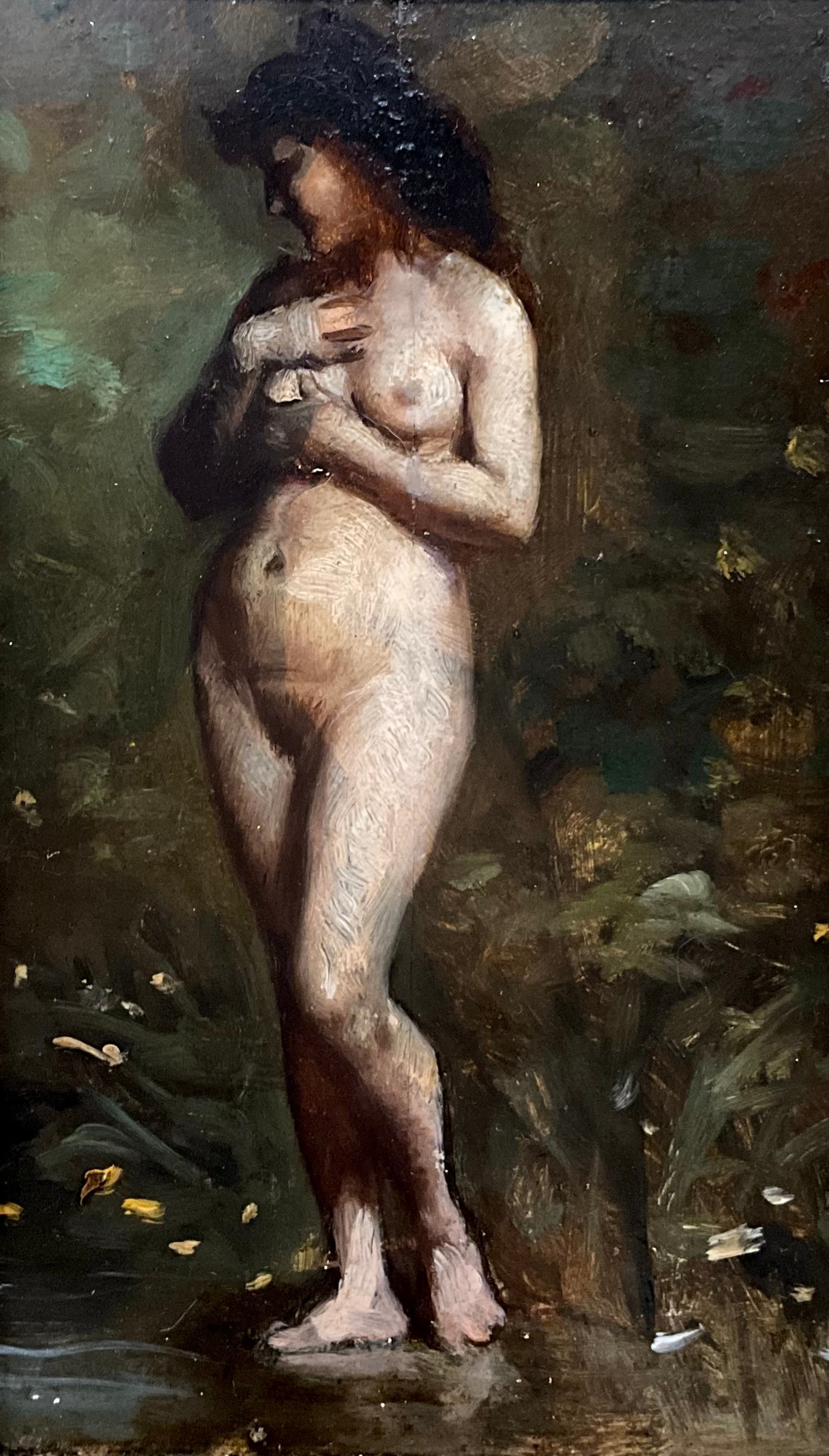 In the manner of, and attributed on the frame to Gustave Courbet (French, 1819-1877) Female Nude standing by a pool attribution to frame, oil on board, 18cm x 11cm