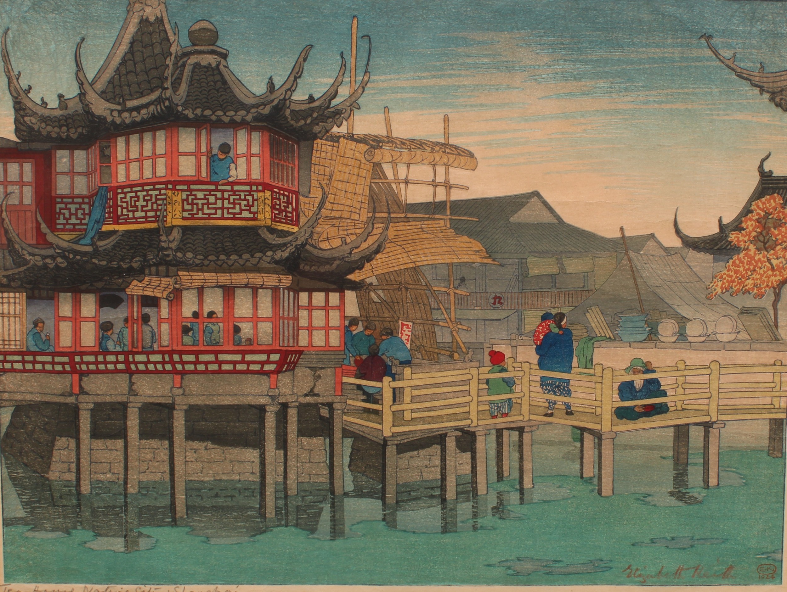 Elizabeth Keith (1887-1956)  Tea House Native City Shanghai  signed, titled, dated 1924, woodblock print, 32cm x 42.5cm