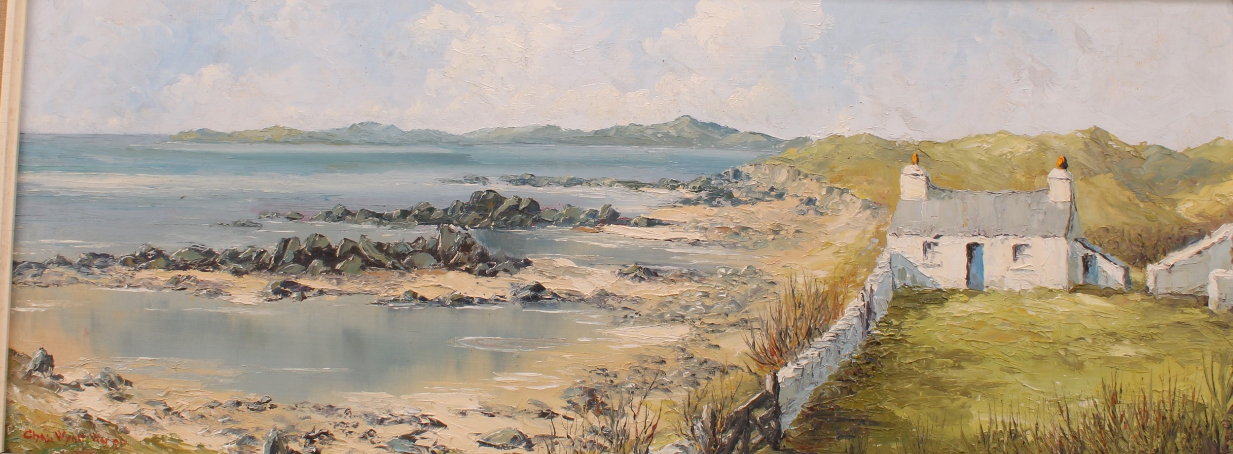 Charles Wyatt Warren (1908-1993) Welsh Whitewashed Cottage by the Sea signed, oil on board, 28.5cm x 74.5cm