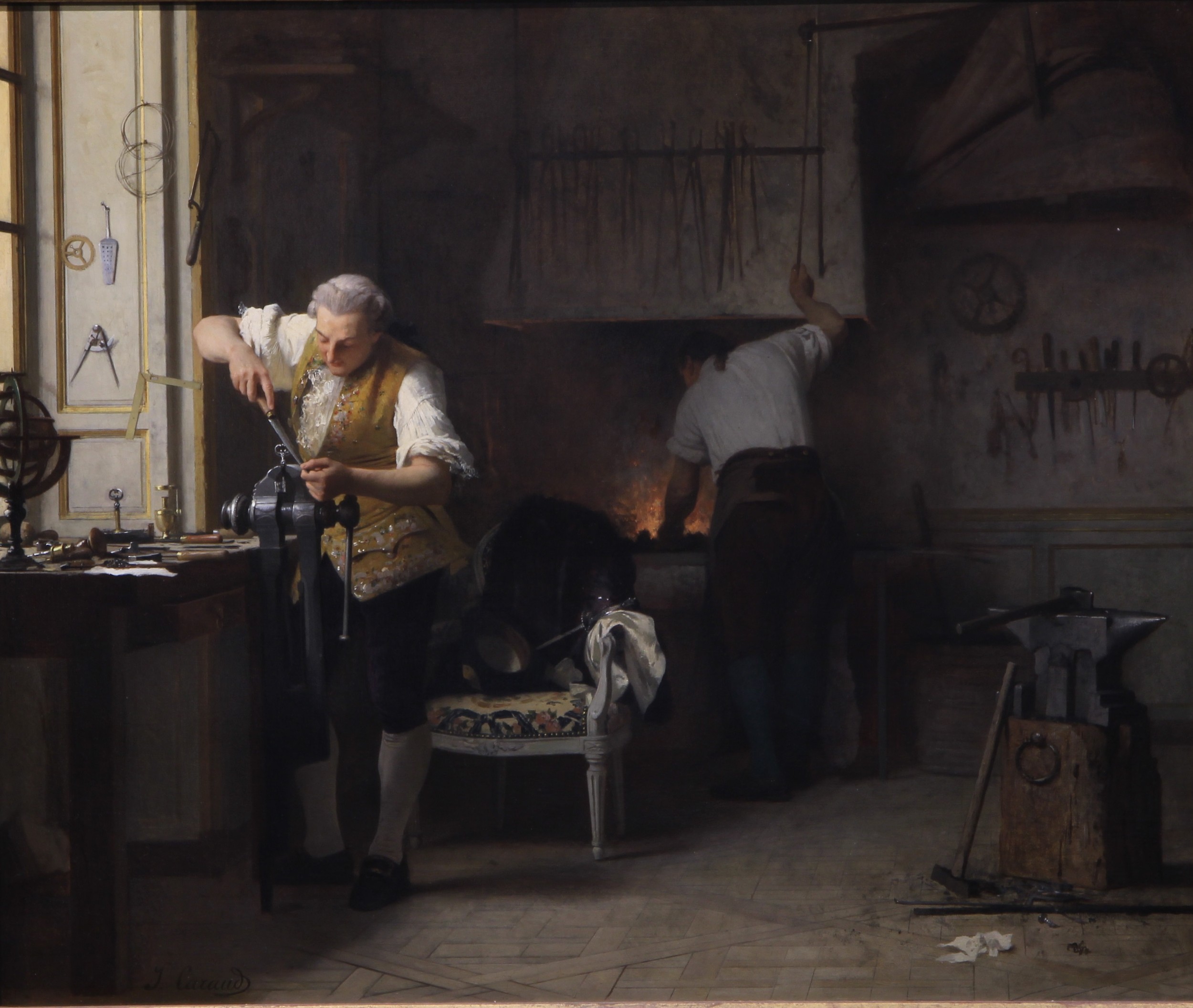 Joseph Caraud (1821-1905) King Louis XVI in the Locksmith’s Workshop, signed, oil on panel, 58cm x 69.5cm