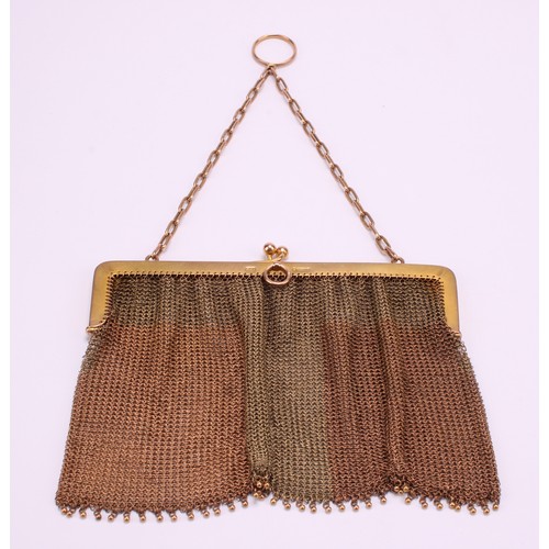 A 9ct gold two tone mesh coin purse, ball fastening, with 9ct gold chain handle