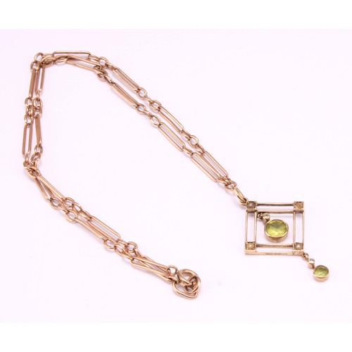 9ct yellow gold Peridot, Seed Pearl and Diamond pendant with 9ct rose gold fetter link chain