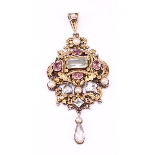 A 19th century Austro Hungarian or Italianate gilt metal droplet pendant, of quatrefoil form