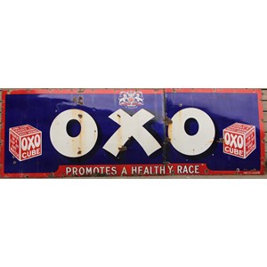 A large two piece rectangular shaped pictorial 'OXO' enamel sign