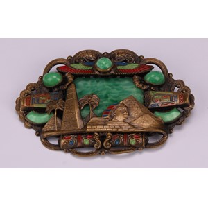 A large Neiger Brothers Egyptian Revival brass cloisonne enamel and Peking malachite glass brooch