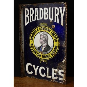 A late 19th/early 20th century rectangular shaped flanged double-sided pictorial enamel sign, BRADBURY CYCLES