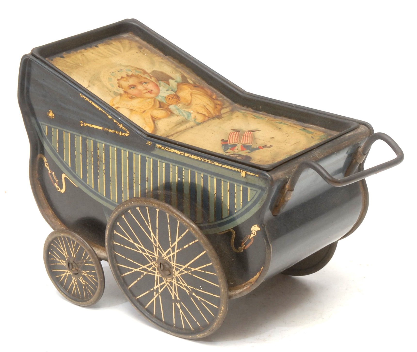 An early 20th century novelty lithographed tinplate biscuit tin, modelled as a pram, c.1910