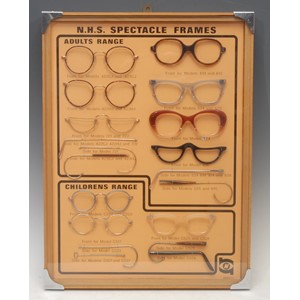 An optician's advertising diorama, produced by the NHS, containing specimen examples of 1960s spectacles