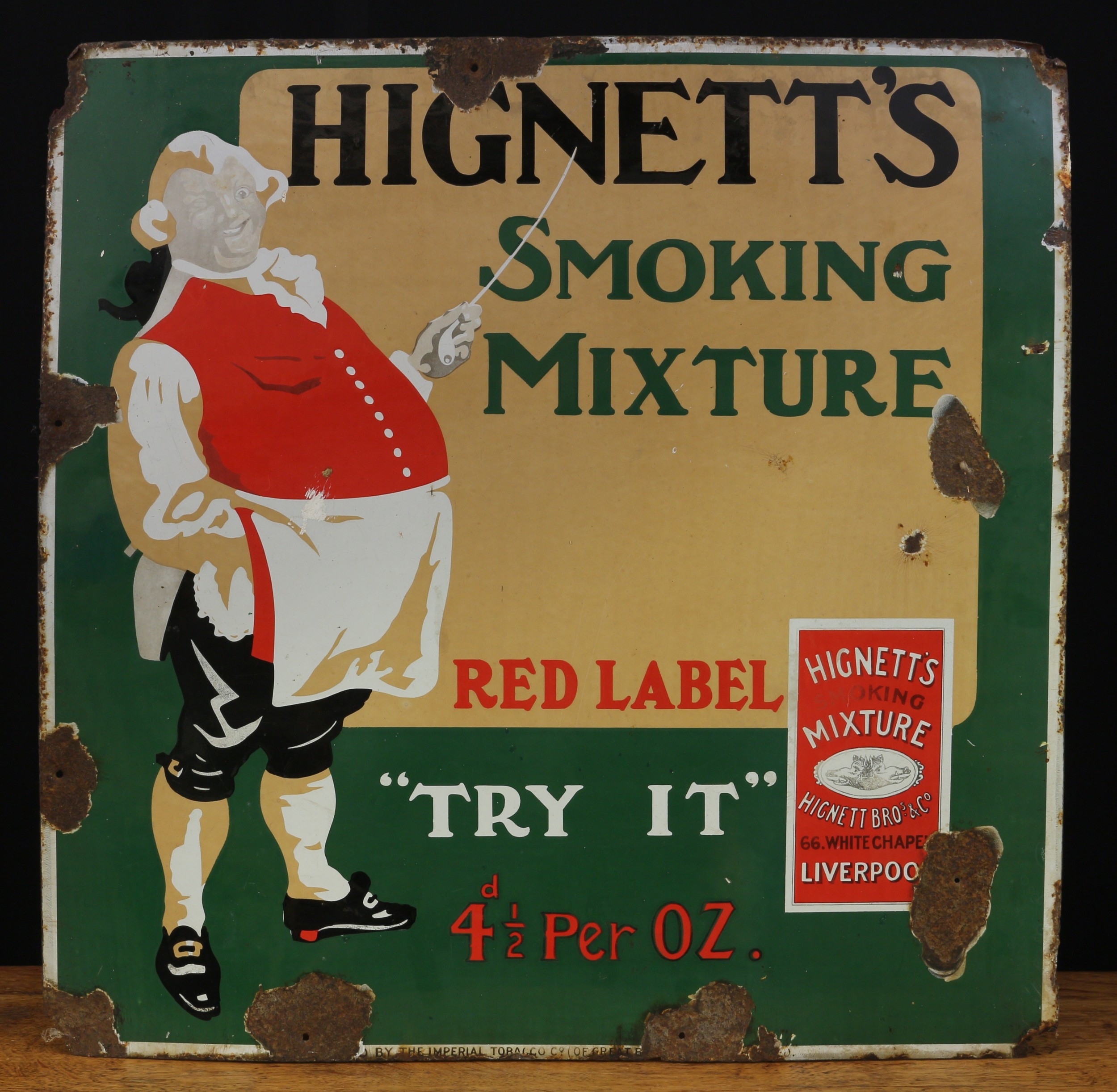 A pictorial enamel sign, 'HIGNETT'S SMOKING MIXTURE'