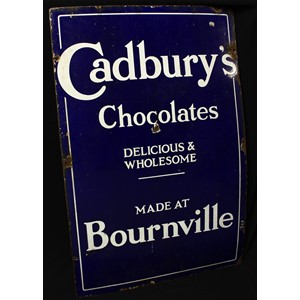 An early 20th century enamel sign, 'CADBURY'S CHOCOLATES, DELICIOUS & WHOLESOME, MADE AT BOURNVILLE'