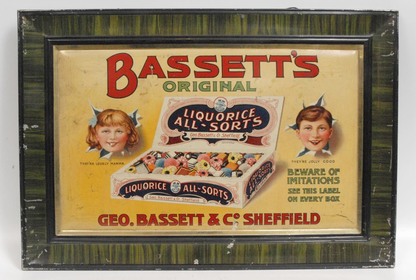George Bassetts & Co, Sheffield - a rectangular pressed tin advertising sign