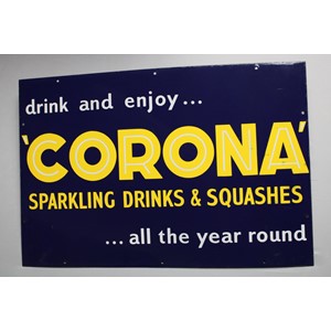 A mid 20th century enamel sign, Corona Sparkling Drinks & Squashes