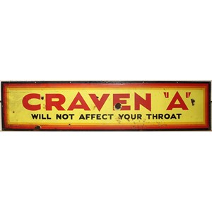A rectangular enamel sign, 'Craven ''A'' Will Not Effect Your Throat'