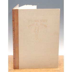 Book – Uranian interest: Chubb (Ralph Nicholas 1892-1960), The Sun Spirit: A Visionary Phantasy, 1st and only edn., Wolverton Hants., Fair Oak, Kingsclere, 1931 small folio, number one of only 24 printed, designed and decorated by the author, handprinted on Hollingworth paper, 46pp with 20 lithographic illus., bound by Ethel R. Chubb quarter undyed Nigger Morocco over Holland linen boards, vellum, tips, titles and figure of a youth blocked gilt to front board, 5 raised bands and gilt titles to spine, bkplt. Nicholas Wilde (1)