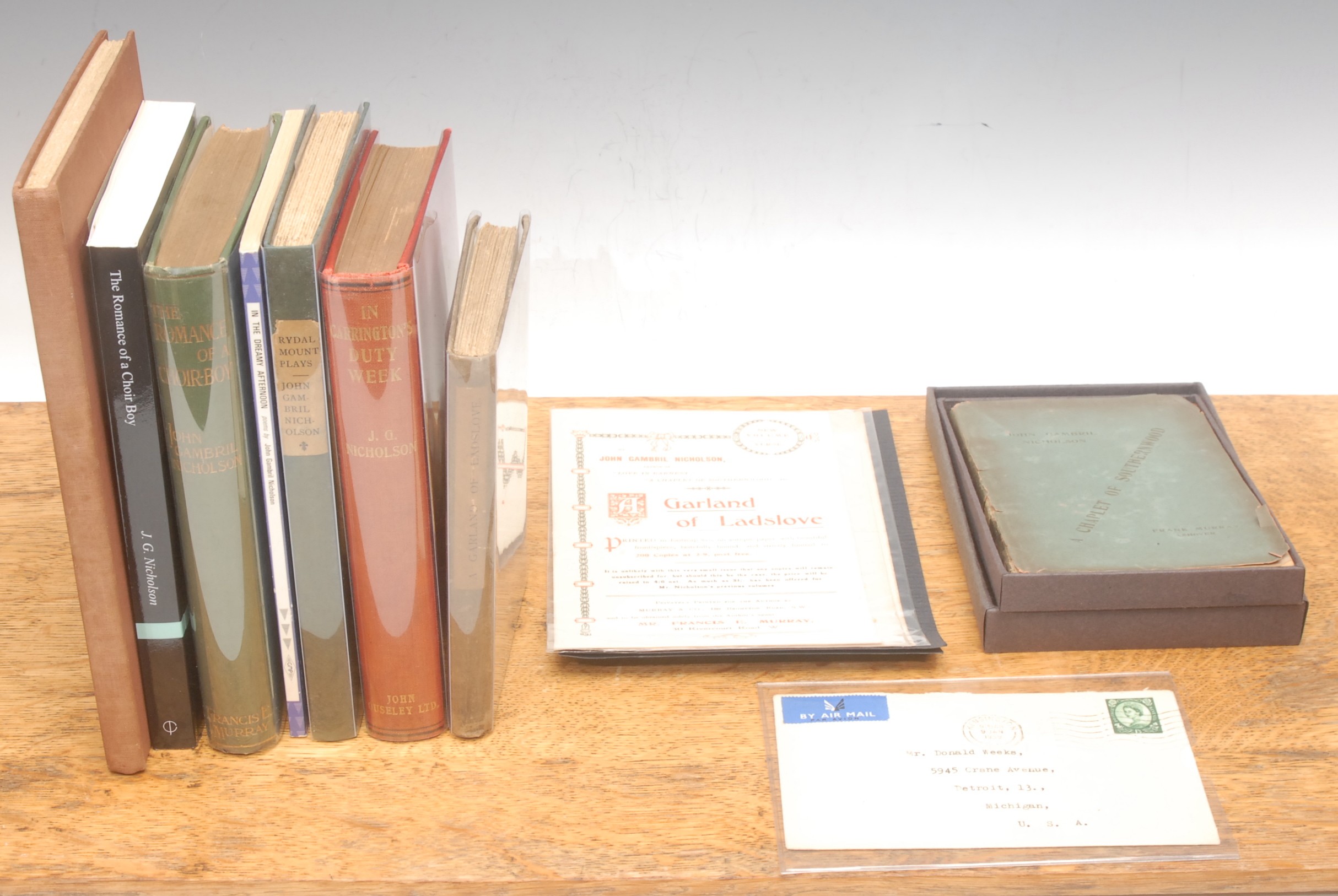 Books – Uranian interest: ten works by Nicholson (John Gambril Francis, 1866-1931) A Chaplet of Southernwood, 1st edn., Derby, Frank Murray 1896 16mo, vii + 75pp, blue paper covered card binding, loose photographic frontis no. 208/234, in handmade box by Nicholas Wilde with prospectus; A Garden of Ladslove (prospectus) 12mo folder, 2pp; A Garden of Ladslove, London, 1st edn., privately printed for the author, 1911,  16mo, 93pp,  grey-brown boards, MS inscr. ‘To Arthur Linton/from the author/with pleasant memories/of Oxford/London May 1912’; In Carrington’s Duty-Week: A Private School Episode 1st edn., London, John Ouseley, n. d. (1919) 12mo, 197pp, envelope rucked in postmarked 1910 and addressed in Nicholson’s hand (to probable former pupil) J. M. Shillington, containing the flyer for the book, with Nicholson’s handwritten identification of the school as Rydal Mount at Colwyn Bay (Denbigh/Clwyd), text marginalia identify all Rydal Mount boys and masters in the story, black titles and vignette to red boards, gilt titles to spine, plastic protector; In the Dreamy Afternoon, London, Gay Men’s Press, 1989, 12mo, 76pp, pb.; The Romance of a Choirboy 1st edn., London, privately printed, 1916, 8vo, 280pp; The Romance of a Choirboy, Portsmouth, Callum James, 2010  245pp, p. b.; Opals and Pebbles, 1st edn.,  London, Roberts & Newton, 1928,8vo, 92 uncut pp, includes three translations from the German and 7 German versions following main text by B. K. Esmarch, bound brown cloth, titles to reserve on front board; Rydal Mount Plays, 1st edn., London, privately printed, 1922, one of 200 copies, 97pp, photographic frontis; (£70) also handwritten letter from Nicholason to Donald Weeks, signed in MS dated 1915 (10)
