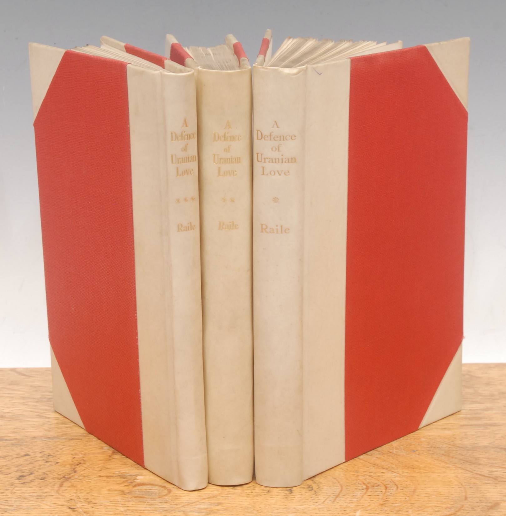 Books – Uranian interest: Raile (Arthur Lyon, Edward Perry Warren, 1860-1928), A Defence of Uranian Love, 3 vols., 1st edn., Boston, privately printed, 1928/1930 8vo, 130 + 166 + 87pp, thought to have been limited to 50 copies bound original half vellum over red cloth, gilt titles, bklt. J. D. Beazley, Nicholas Wilde’s at rear (3). ***From the library of Professor Sir John Davidson Beazley, CH, FBA (1885-1970) at Christ Church, Oxford.