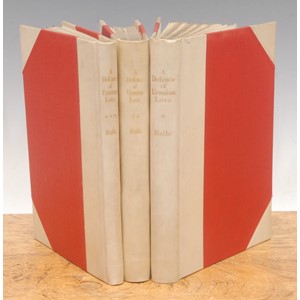 Books – Uranian interest: Raile (Arthur Lyon, Edward Perry Warren, 1860-1928), A Defence of Uranian Love, 3 vols., 1st edn., Boston, privately printed, 1928/1930 8vo, 130 + 166 + 87pp, thought to have been limited to 50 copies bound original half vellum over red cloth, gilt titles, bklt. J. D. Beazley, Nicholas Wilde’s at rear (3). ***From the library of Professor Sir John Davidson Beazley, CH, FBA (1885-1970) at Christ Church, Oxford.