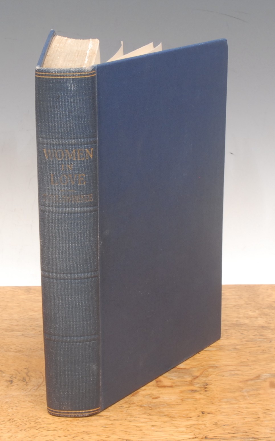Book – Modern novels: Lawrence (David Herbert, 1885-1930), Women in Love, 1st edition, New York, Privately printed for subscribers only No. 684/1250, published [29th November] 1920, 8vo, 536pp, blue boards, four embossed bands and gilt titles to spine, old card slip case, heavily repaired with tape (1)