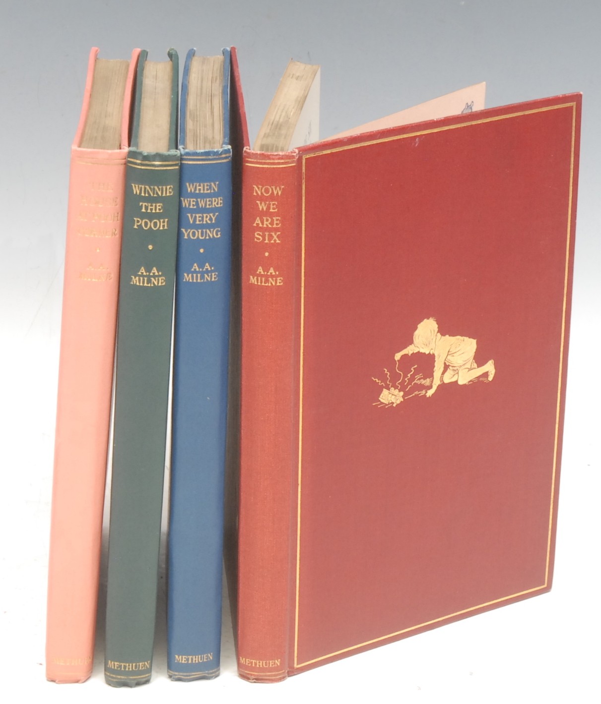 Milne, A A, Winnie the Pooh, With Decorations by Ernest H Shepherd, first edition, Methuen & Co, London 1926, tooled and gilt green cloth boards; others, Now We Are Six, 1927; When We Were Very Young, 1924; The House at Pooh Corner, 1928 (4)