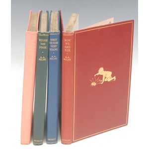 Milne, A A, Winnie the Pooh, With Decorations by Ernest H Shepherd, first edition, Methuen & Co, London 1926, tooled and gilt green cloth boards; others, Now We Are Six, 1927; When We Were Very Young, 1924; The House at Pooh Corner, 1928 (4)