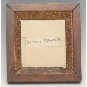 The Napoleonic Wars - Vice-Admiral Horatio Nelson, 1st Viscount Nelson, 1st Duke of Bronte KB (1758 - 1805) - an autograph signature, Nelson & Bronte, in ink, clipped from a document, rosewood frame, 15cm x 14.5cm overall