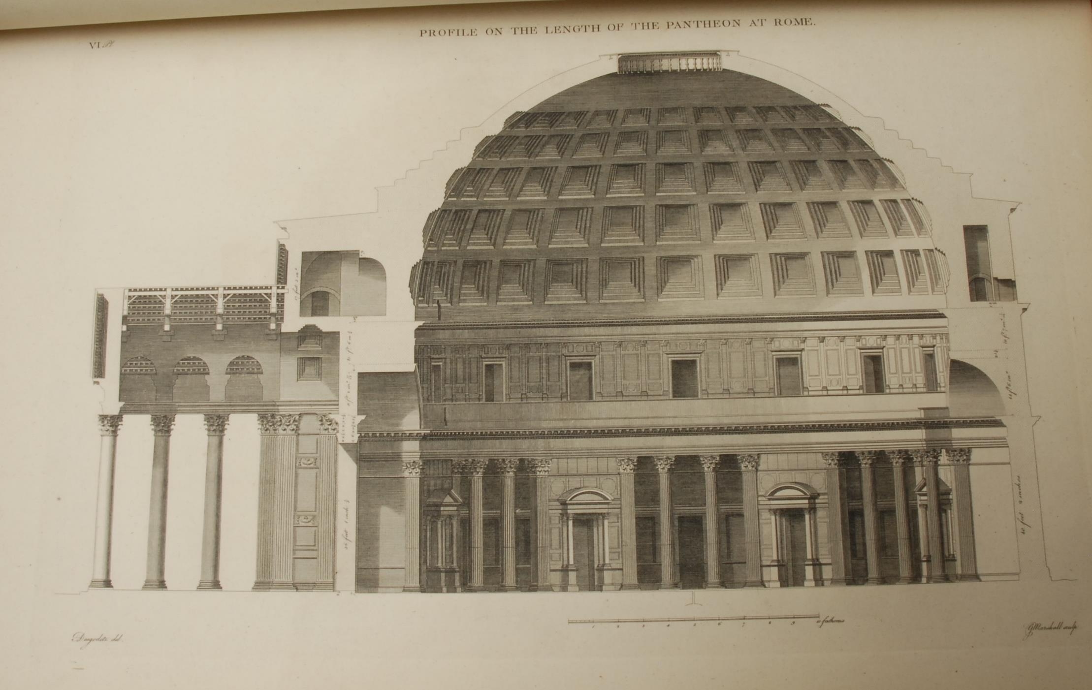 Architecture - Desgodetz (Anthony, Architect) & Marshall (George, Architect, engraver and translator), The Ancient Buildings of Rome: Accurately Measured and Delineated, Illlustrated with One Hundred and Thirty-seven Plates; and Explanations in French and English, two-volume set bound as one, volume I: first edition, second impression with reset title-page, volume II: first edition, London: Printed for I. and J. Taylor, 1795, parallel French-English title-pages and text after [iv], pp: [4], [ii]-[xx], [1]-72; [5], [1]-64, illustrated with 137 full-page copperplate-engraved plates, 20th century three-quarter brown polished calf over marbled boards, contemporary marbled edges, elephant folio (56cm x 38cm), [1]