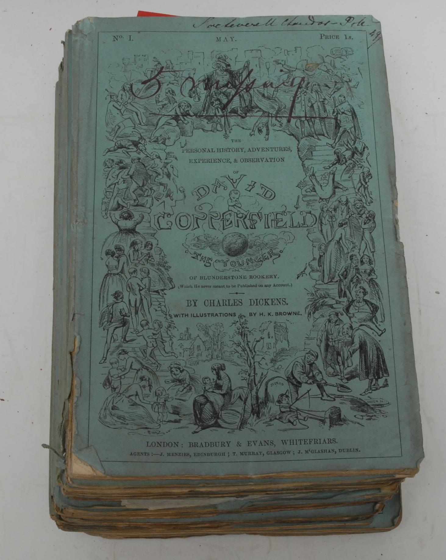 Dickens (Charles) & Browne (Hablot Knight, illustrator), The Personal History, Adventures, Experience, & Observation of David Copperfield the Younger, of Blunderstone Rookery/(Which He never meant to be Published on any Account.), first edition in the original 19/20 monthly parts, London: Bradbury and Evans, May 1849-November 1850, half-title, etched frontispiece, additional engraved title and 38 plates, prefixed and suffixed with illustrated advertisements, original publisher's printed pictorial blue-green paper wrappers (no. XVIII's chamfered and clipped; nos. XIX/XX creased with ripple, recto cover fragmentary; others respectable, soiled, slight corner creases, splits and chips to spines, but holding together well regardless), 8vo, [19]   Provenance: Edward Sacheverell Chandos-Pole (aka "The Squire"; 1792 – 1863), his ink MS ownership inscription to the upper-cover of each part (bar nos. V, X, XVIII, & XIX/XX; N.B. no. V has a harlequin contemporary ink MS ownership inscription: Newell Burnett Esq (a recorded advocate), a few numbers dated 49 or 50 in MS; by descent through the Chandos-Pole family and removed from the Library of Radbourne Hall, Derbyshire.