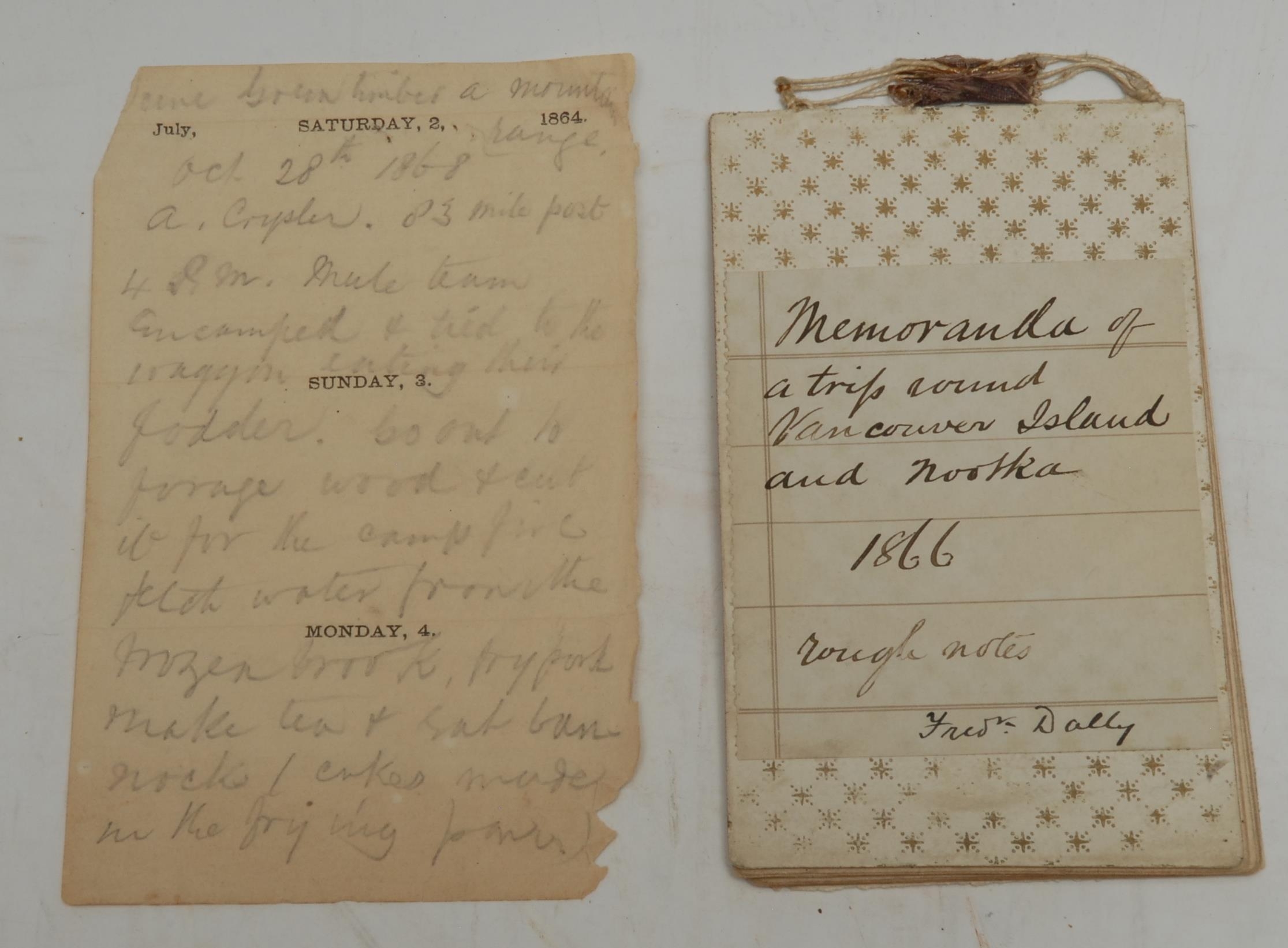 Travel, Early Victorian Canada - Dalby (Frederick), Memoranda of a trip around Vancouver Island and Nootka, 1866/rough notes, 31pp of pencil MS, illustrated with 1 in-text pen-and-ink map of Nootka Island, harlequin leaves (11.2cm x 6.5cm), [1]