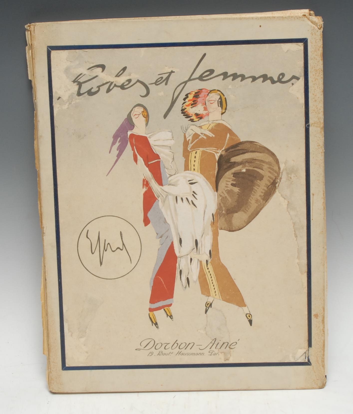 Fashion - Sacchetti (Enrico, illustrator), Robes et femmes, copy no. 99/300, Paris: Dorbon-Ainé, 1913, illustrated with 11 pochoir colour plates (of which 1 is double-page), each satirising the avante garde fashion designs of Paul Poiret, title-page vignette and colophon leaf with further costume, bound in contemporary Parisian purple polished calf, outlined in blind and gilt-rolled to a scrolling geometric design, six-compartment spine of raised bands, lettered in the second, red-speckled edges, marbled endpapers, original pictorial papered portfolio en suite, crown folio (38cm x 30.5cm), [1]